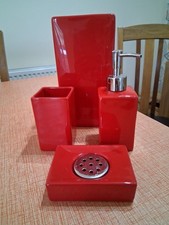 Spirella  Red  Ceramic Bathroom Set.Loo Brush Holder, Soap Dish. Lotion Disp,+