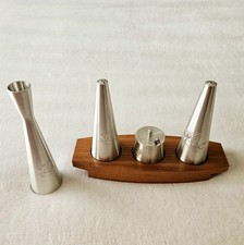 Selangor Pewter Salt Pepper Shaker Salt Pot Cruet MCM Teak Wood Base & Bud Vase 