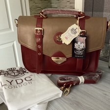 LYDC England Satchel Style Bag Red & Tan Gold Trim Grab Handle & Long Strap