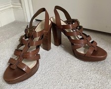 COACH Brown woven Leather Gold Buckle Strappy Sandal high Heels gladiator 38 / 5