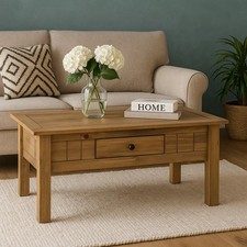 Solid Wood Coffee Table with Drawer Rustic Oak Finish Living Room Centre Table