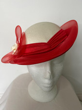 Vintage 80s C&A riding hat red cream tilt formal cocktail statement pillbox #VA