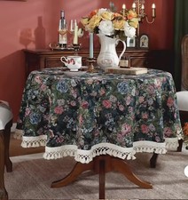 Elegant Floral Round Jacquard Tablecloth Colour Ink With Tassels