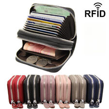 Women Men Genuine Leather Double Zipper Wallet Coin Concertina RFID Card Holder