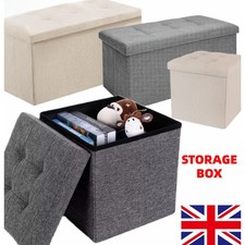 Folding Ottoman Storage Box Multi-Functional storage Pouffe Seat Stool LINEN UK