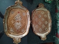 Two Vintage Florentine Trays Hand Painted Gold Gilt Italy