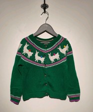 Mini Boden Girls Age 5-6 Fun Fair Isle Cardigan Green Llamas Wool Blend Yoke