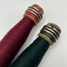 Vintage Wooden Lace Making Spools With Red Green Thread Set Of 2