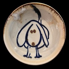 Pottery Bowl Vintage Handcrafted with Blue Line Dog Design Ceramic