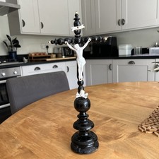 Antique Turned Wood Home Altar Standing Cross Crucifix porcelain Jesus Corpus