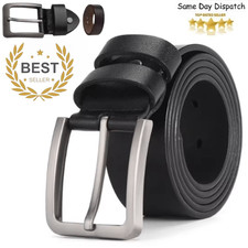 Mens Genuine Leather Belt Belts Real New Buckle For Trouser Jeans Black Brown UK
