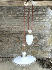 Vintage 1930s French Rise & Fall Ceiling Light Opaline Glass Coolie Shade Set 1