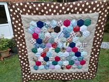 Hexie lap quilt with vintage fabric, multi/beige/brown polka dots, hand quilted
