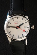 MONDAINE 30341 WATCH WHITE BLACK & RED DIAL LEATHER STRAP A SWITZERLAND CLASSIC