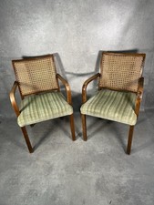 Pair Of Mid Century Cane Back Armchairs Green Upholstery Beech Wood Retro 60s