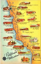 CALIFORNIA MISSIONS Linen Map Postcard