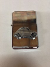 Fiat 500 ref64 Pewter Effect Car on a Flip Top Petrol Lighter Refillable
