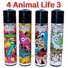 4 x Clipper Lighter Set ANIMAL LIFE 3 Design Full Set Silver Top Gas Refillable
