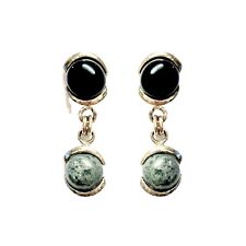 Hand set  Whitby Jet And Marble In 925 Sterling Silver Earrings Drop Round