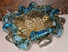 Vintage Murano Blue Wave Bullicante Hand Blown Art Glass Bowl Silver Gold Flakes