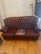 Blood red leather sofa, 3 seater, original tattoo parlour sofa 