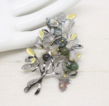 Vintage Style Semi Precious Stone Leaf Spray Silver BROOCH Pin Jewellery
