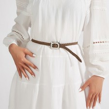 Ladies Fashion Skinny Braided Belt Dress Jeans Decorative Retro Square Buckle Pu