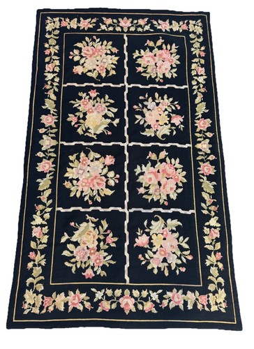 Black floral needlepoint rug - black,