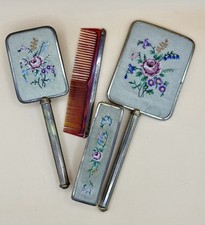 Vintage Embroidered Vanity Dressing Table Set Floral 4 Piece Mirror Comb Brushes