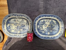 2 Lovely Large Antique Willow Pattern Pottery 40 x 32cm Dishes (FOR DISPLAY)