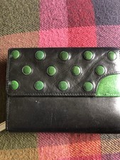 Graffiti Real Leather Purse Black With Green Polka Dot Bead Effect On The Front