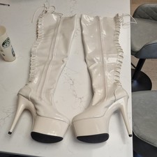 Hella Heels thigh high boots, white pvc  Size 11, 7 Inch Heel