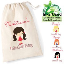 Asthma Inhaler Spacer Bag Drawstring Cotton Personalised Any Text School Girl