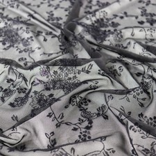 Floral Power Mesh Fabric | Flower Black Flock Textured 90gsm 4-Way Stretch 160cm