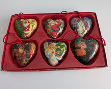 6 Vintage Heart Paper Mache Decoupage Christmas Tree Decorations