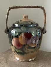 Vintage New Hall Pottery Lusterware Peach Biscuit Barrel With Wicker Handle