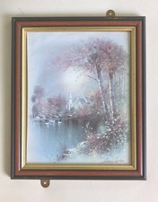 Dark Wood Framed Andres Orpinas Print Church Lake Woodland Scene H29.5 W24.5 cm