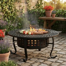 Large Fire Pit Table Metal Outdoor Garden Log BBQ Grill Stove with 2 Tier Grills