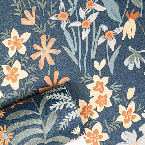 Navy floral leaf wallpaper - navy,