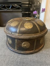 Vintage Indian Handmade turned wooden box Lotus Brass Flowers Spices Tobacco