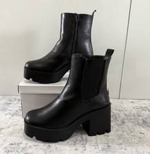 Womens Black Platform Ankle Boots Chunky Block Heel Faux Leather Statement Style