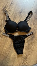 Victoria's Secret Black Shine Strap Push-Up Bra and Thong Set
