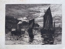 Original 1879 Etching “Whitby Harbour” By David Law, etched By David Law.