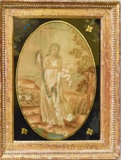 Antique Needlework Framed Silkwork Picture early 19th century Girl Country scene