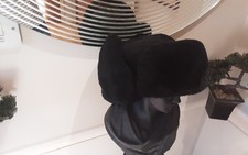 Mens Ushanka Hat Sude Leather Real pure Fur Warm Black Winter size 62