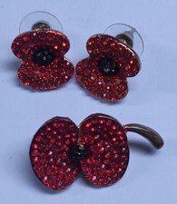 Vintage Red Flower Brooch Set with Red Crystal Earrings