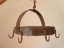 Antique 19th Century iron meat hanger round game hooks kitchen 11" rustic