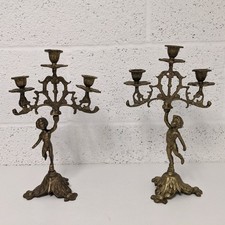 Cherub Brass Candlestick Pair - 3 Candle Holder