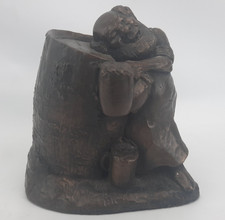 Bronze Figure of Old Man With Beer 3.5" Statue Keg Metal Sculpture 