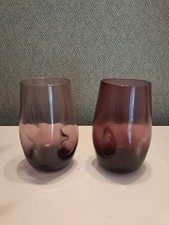 Pair Of MCM Blenko Art Glass Dimple Tumblers Aubergine Amethyst Purple Beautiful